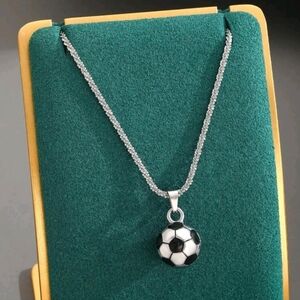 Kid's Stainless Steel Soccer Ball Pendant Necklace in Silver and Black 16"